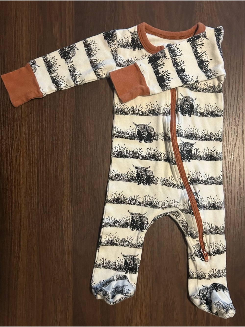 Cream Printed Baby Footie with Rust Trim